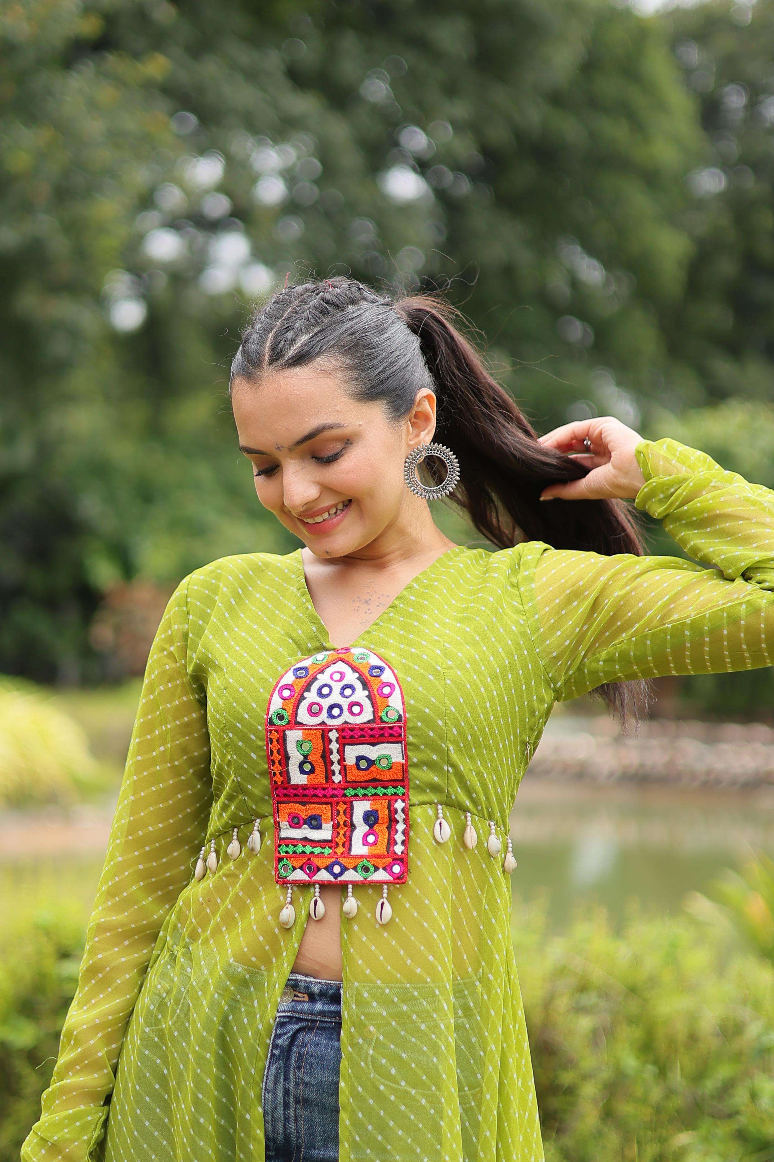  Leheriya Print work with kutchi patchework in Faux Georgette KURTI SUPPLIER IN SURAT